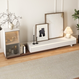 Fero White & Walnut Extendable TV Stand with Bookshelves & Light(2500mm-3930mm) - thumbnail 3