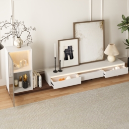 Fero White & Walnut Extendable TV Stand with Bookshelves & Light(2500mm-3930mm) - thumbnail 4