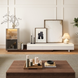 Fero White & Walnut Extendable TV Stand with Bookshelves & Light(2500mm-3930mm) - thumbnail 5