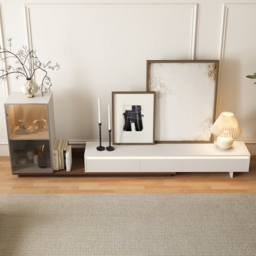 Fero White & Walnut Extendable TV Stand with Bookshelves & Light(2500mm-3930mm) - thumbnail 6