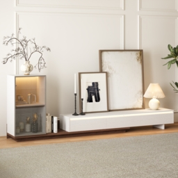 Fero White & Walnut Extendable TV Stand with Bookshelves & Light(2500mm-3930mm) - thumbnail 2