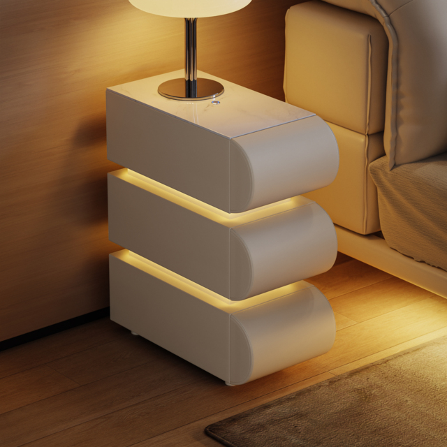 Narrow Humply Leather 3-Drawer Smart Nightstand with Sintered Stone Top - image 1