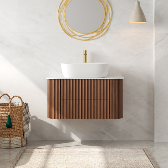 800mm Floating Fluted Wall mounted Bathroom Vanity Set Sintered Stone Top with Vessel Single Basin & 2 Drawers - image 1