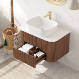 800mm Floating Fluted Wall mounted Bathroom Vanity Set Sintered Stone Top with Vessel Single Basin & 2 Drawers - thumbnail 3