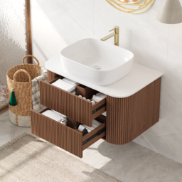 800mm Floating Fluted Wall mounted Bathroom Vanity Set Sintered Stone Top with Vessel Single Basin & 2 Drawers - thumbnail 4