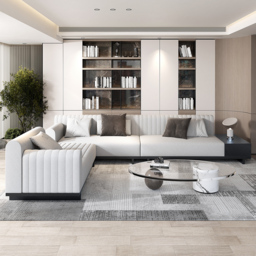 "157"" Cotton and Linen L-Shaped Sectional Sofa Modern Light Gray Sectional with Storage Side Table" - thumbnail 2