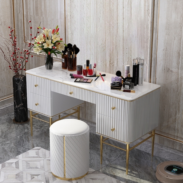 Bline White Dressing Table Faux Marble Dressing Table with Drawers Gold Stainless Steel - image 1