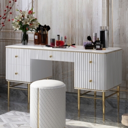 Bline White Dressing Table Faux Marble Dressing Table with Drawers Gold Stainless Steel - thumbnail 4