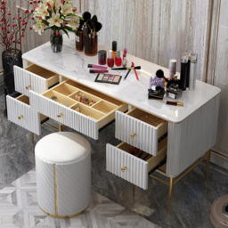 Bline White Dressing Table Faux Marble Dressing Table with Drawers Gold Stainless Steel - thumbnail 3