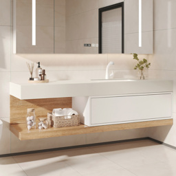 150 cm Modern Floating Bathroom Vanity Set With Single Basin Wall-Mount White & Natural - thumbnail 2