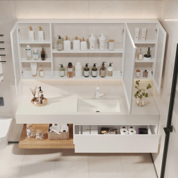 150 cm Modern Floating Bathroom Vanity Set With Single Basin Wall-Mount White & Natural - thumbnail 8