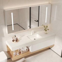 150 cm Modern Floating Bathroom Vanity Set With Single Basin Wall-Mount White & Natural - thumbnail 7