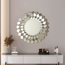 60 cm Diamond-Shaped Wall Mirror, Silver Round Decorative Mirror - thumbnail 1