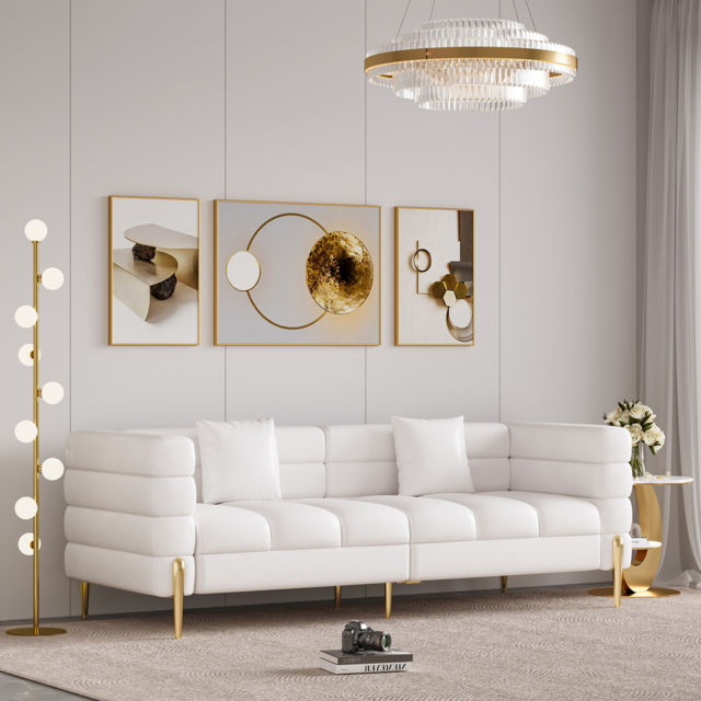 Axial 200 cm Faux Leather Fluted Sofa with Gold Legs & Pillows - image 1
