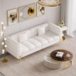 Axial 200 cm Faux Leather Fluted Sofa with Gold Legs & Pillows - thumbnail 3