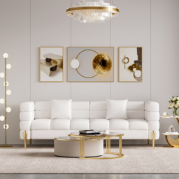 Axial 200 cm Faux Leather Fluted Sofa with Gold Legs & Pillows - thumbnail 4