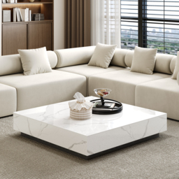1000mm Square Sintered Stone Block Coffee Table With Wood Base - thumbnail 1