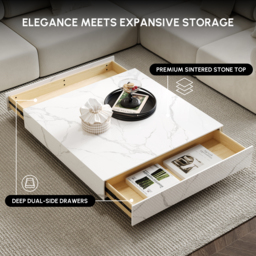 1000mm Square Sintered Stone Block Coffee Table With Wood Base - thumbnail 6