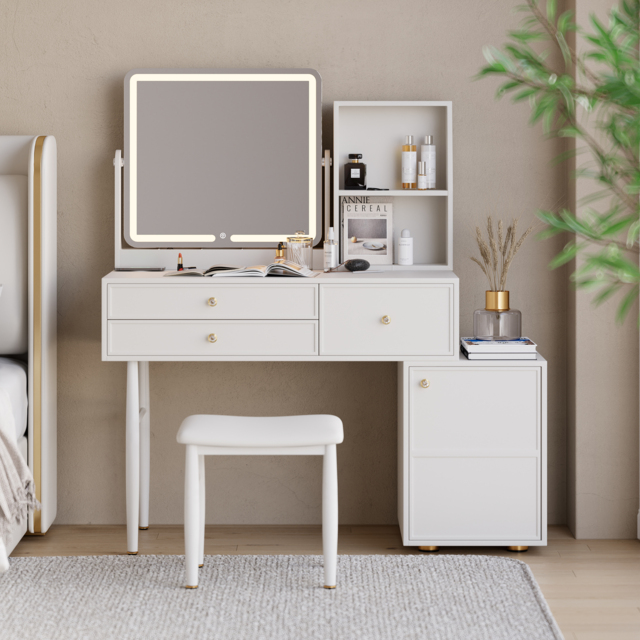 Leather Modern White Dressing Table with Chair with LED Mirror & Charger Dressing Table with Stool - image 1