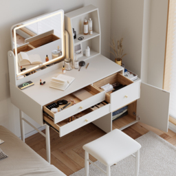 Leather Modern White Dressing Table with Chair with LED Mirror & Charger Dressing Table with Stool - thumbnail 2