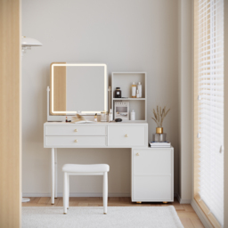 Leather Modern White Dressing Table with Chair with LED Mirror & Charger Dressing Table with Stool - thumbnail 4