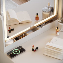 Leather Modern White Dressing Table with Chair with LED Mirror & Charger Dressing Table with Stool - thumbnail 6