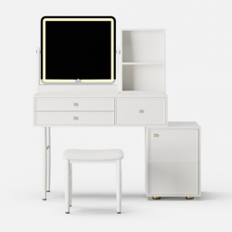 Leather Modern White Dressing Table with Chair with LED Mirror & Charger Dressing Table with Stool - thumbnail 8