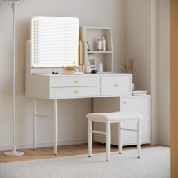 Leather Modern White Dressing Table with Chair with LED Mirror & Charger Dressing Table with Stool - thumbnail 3