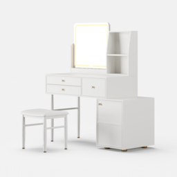 Leather Modern White Dressing Table with Chair with LED Mirror & Charger Dressing Table with Stool - thumbnail 9