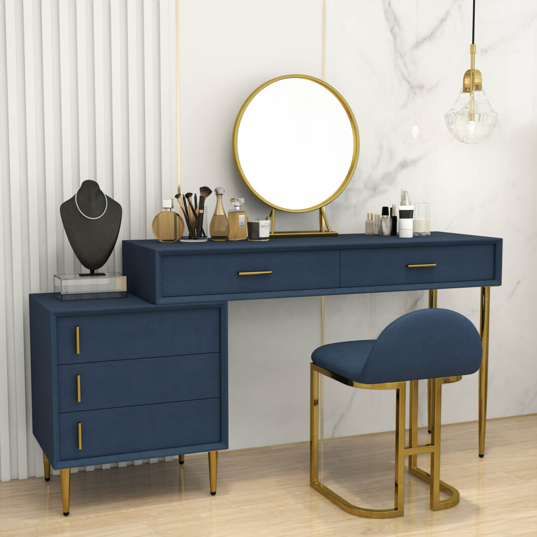 Modern Blue Dressing Table with Chair Retracted Dressing Table Cabinet &  Stool & Mirror Included by Homary | uFurnish.com
