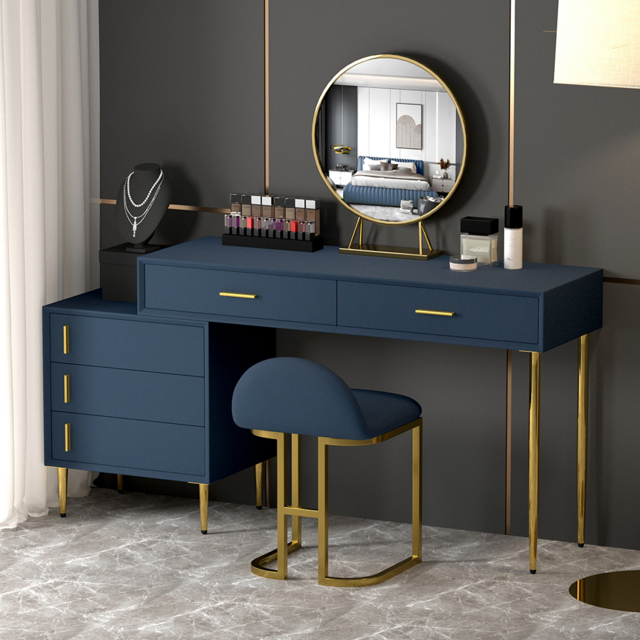 blue velvet dressing table chair 14 Karat Home Velvet Desk Office Chair Height Adjustable with Wheels & Metal Legs, Blue