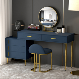 Modern Blue Dressing Table with Chair Retracted Dressing Table Cabinet & Stool & Mirror Included - thumbnail 1