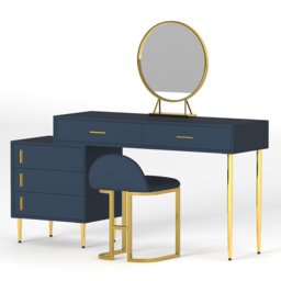 Modern Blue Dressing Table with Chair Retracted Dressing Table Cabinet & Stool & Mirror Included - thumbnail 8