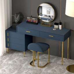Modern Blue Dressing Table with Chair Retracted Dressing Table Cabinet & Stool & Mirror Included - thumbnail 2