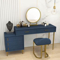Modern Blue Dressing Table with Chair Retracted Dressing Table Cabinet & Stool & Mirror Included - thumbnail 7