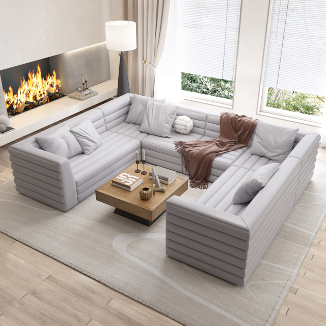 3200mm U-Shaped Modern Grey Microfiber Leather Modular Sectional Sofa for 8 Seaters
