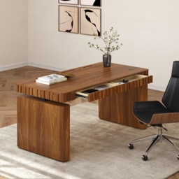 "Aura 63"" Walnut Fluted Electric Adjustable Standing Desk"