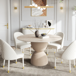 Round Dining Table Sintered Stone Top Modern in Beige - thumbnail 1