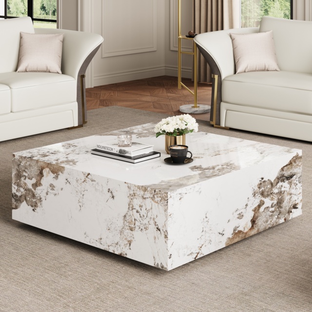 100 cm Square Sintered Stone Block Coffee Table With Storage Modern Off White Living Room Table - image 1