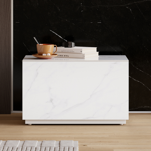 Modern 600mmW Faux Travertine Nightstand 1 Drawer Bedside Table Set of 2 - image 1