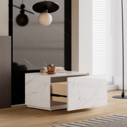 Modern 600mmW Faux Travertine Nightstand 1 Drawer Bedside Table Set of 2 - thumbnail 4