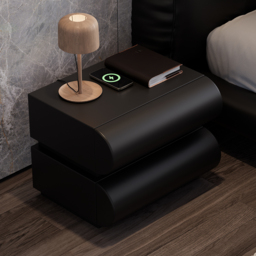 Modern Black Leather Smart Nightstand with Wireless Charger 2 Drawers Bedside Table with USB & Type-C Ports Set of 2 - thumbnail 4