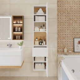 Homary Bathroom Cabinet - High Cabinet Natural & White - 35 x 35 x 160 cm,With Drawers - thumbnail 6