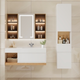 Homary Bathroom Cabinet - High Cabinet Natural & White - 35 x 35 x 160 cm,With Drawers - thumbnail 2