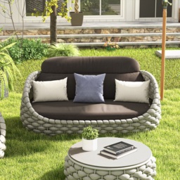 3 Seater Woven Outdoor Sofa Patio Couch in Grey Cushion & Pillow Included - thumbnail 4
