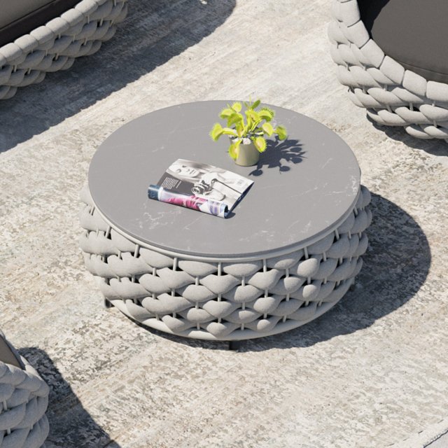 Modern Top Round Outdoor Coffee Table with Storage & Textilene Rope Woven Base in Grey - image 1