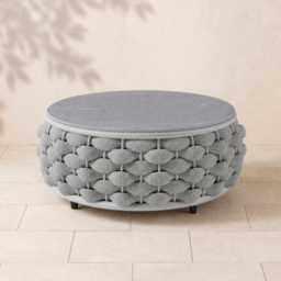 Modern Top Round Outdoor Coffee Table with Storage & Textilene Rope Woven Base in Grey - thumbnail 8