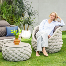 Modern Top Round Outdoor Coffee Table with Storage & Textilene Rope Woven Base in Gray - thumbnail 2