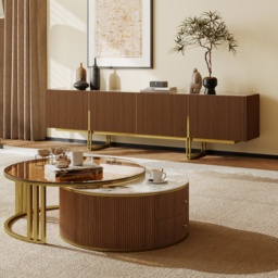 "Living Room Set 86.6"" Sintered Stone Top Walnut TV Stand & Round Glass Nesting Coffee Table with Storage"