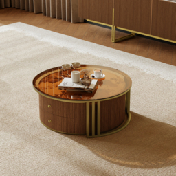 "Living Room Set 86.6"" Sintered Stone Top Walnut TV Stand & Round Glass Nesting Coffee Table with Storage" - thumbnail 5